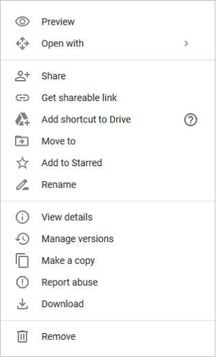 Google Drive's contextual menu