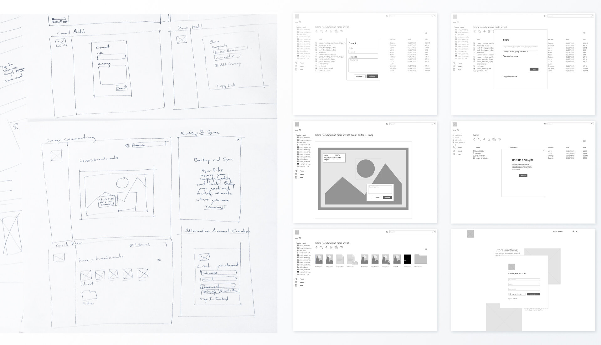 Pen and paper sketches of Cira wireframes next to digital versions