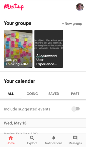 Meetup's groups and calendar screenshot