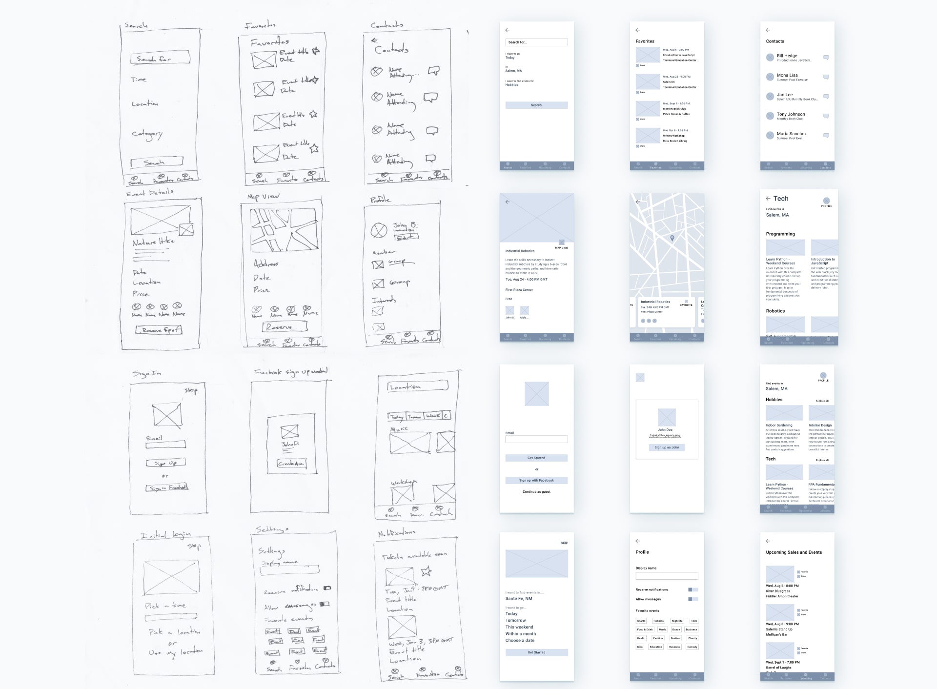 Pen and paper sketches alongside digital low fidelity wireframes