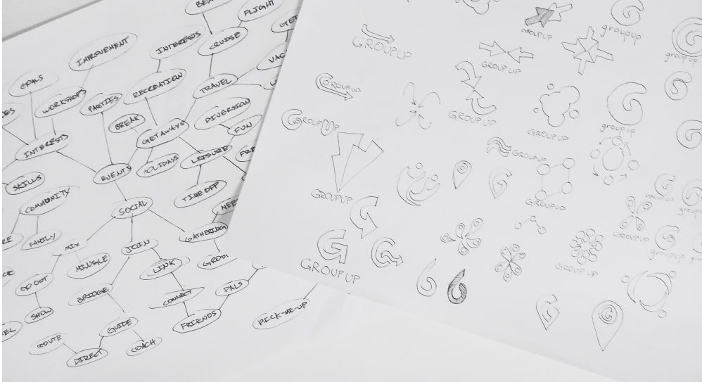 Paper sketches of mindmap and logo exploration